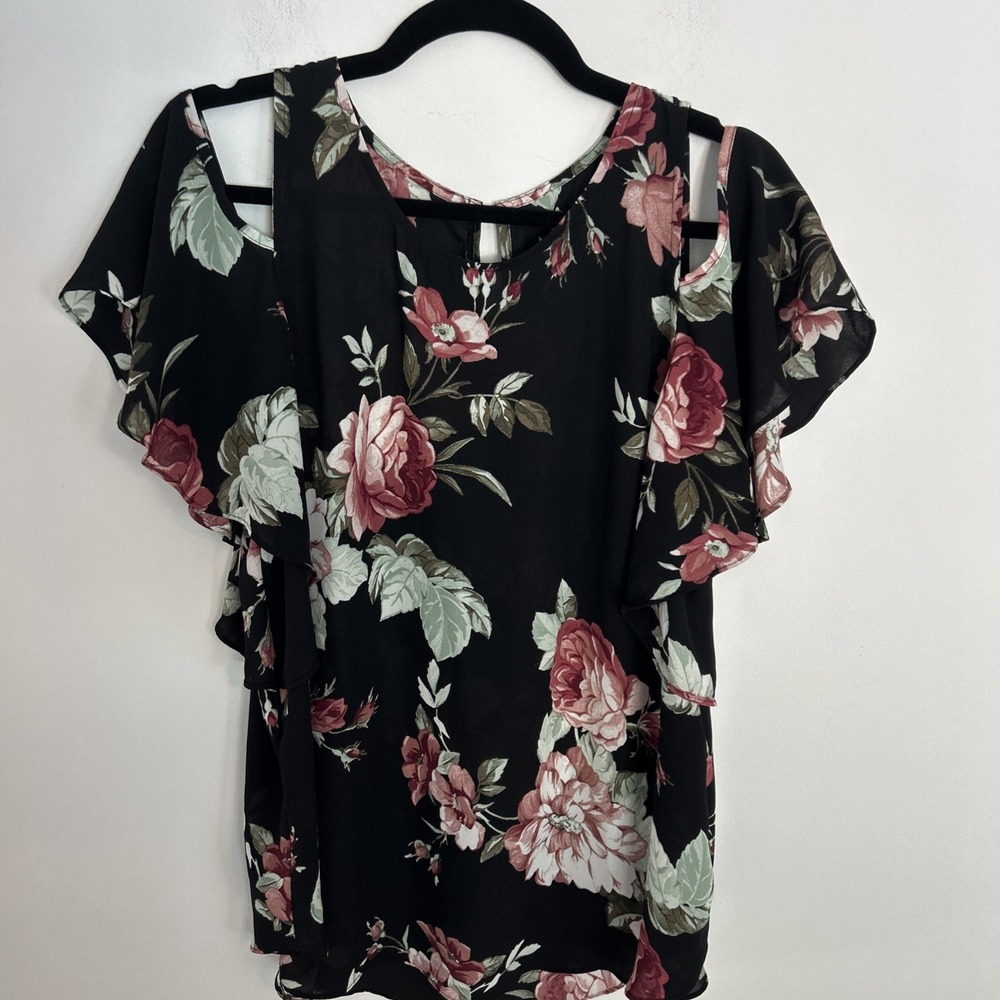 Women's Floral Sheer Short Sleeve M Black Rose Blouse Drop Shoulders Blouse